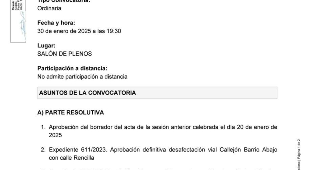 Convocatoria a Pleno sesión ordinaria, jueves 30 de enero a las 19:30h